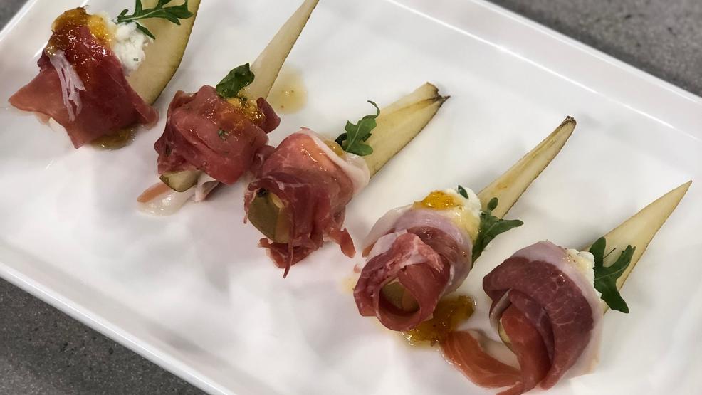 Prosciutto Wrapped Pears with Goat Cheese and Herbs WLUK