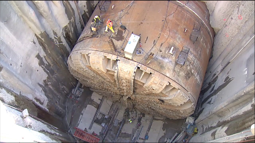 The Bertha tunneler is seen in its rescue pit in March_komonews